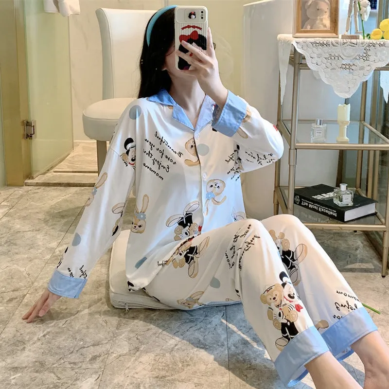 Popular Streaming Pajamas Women Lapel Cotton Long Sleeved Trendy Western Cardigan Loungewear Sets Sleepwear