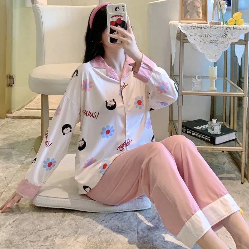 Popular Streaming Pajamas Women Lapel Cotton Long Sleeved Trendy Western Cardigan Loungewear Sets Sleepwear