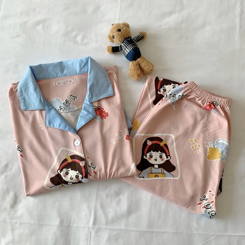 Popular Streaming Pajamas Women Lapel Cotton Long Sleeved Trendy Western Cardigan Loungewear Sets Sleepwear