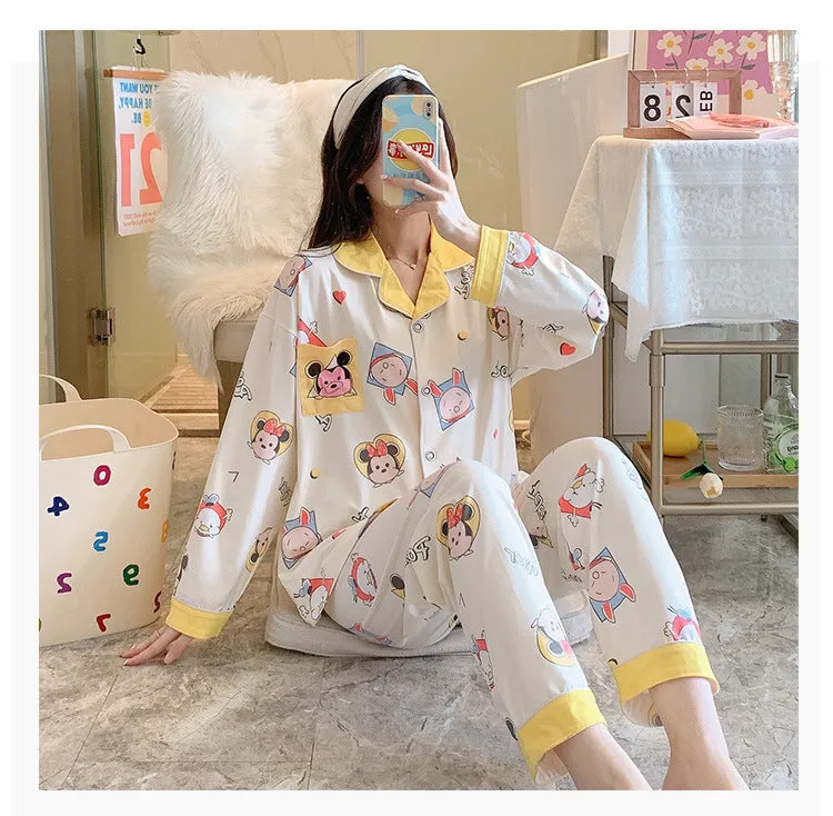 Popular Streaming Pajamas Women Lapel Cotton Long Sleeved Trendy Western Cardigan Loungewear Sets Sleepwear