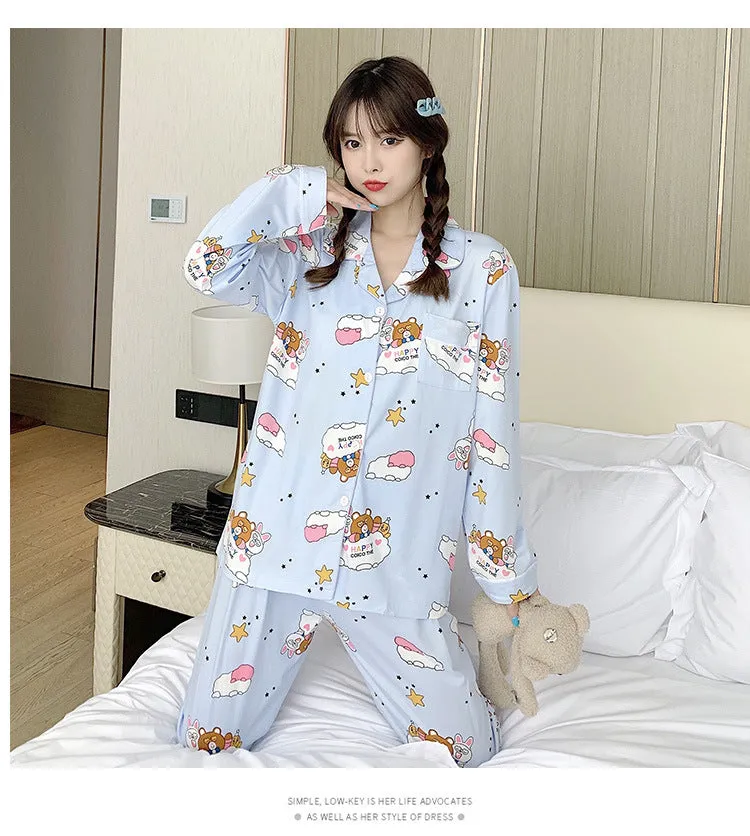 Popular Streaming Pajamas Women Lapel Cotton Long Sleeved Trendy Western Cardigan Loungewear Sets Sleepwear