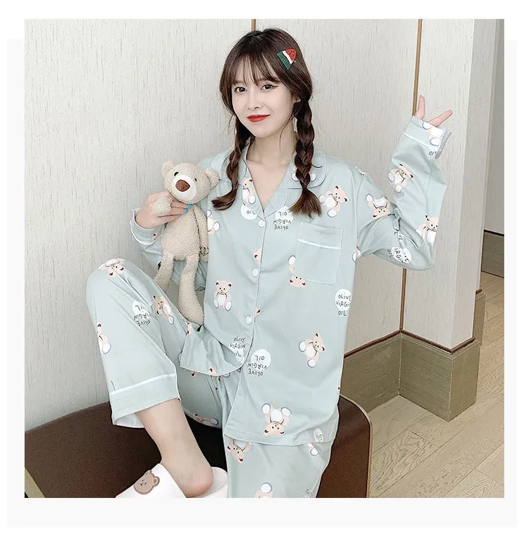 Popular Streaming Pajamas Women Lapel Cotton Long Sleeved Trendy Western Cardigan Loungewear Sets Sleepwear