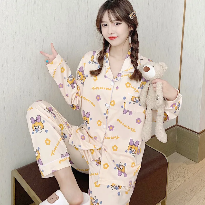 Popular Streaming Pajamas Women Lapel Cotton Long Sleeved Trendy Western Cardigan Loungewear Sets Sleepwear