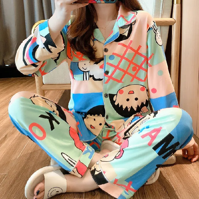 Popular Streaming Pajamas Women Lapel Cotton Long Sleeved Trendy Western Cardigan Loungewear Sets Sleepwear