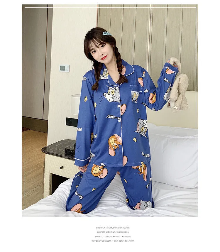 Popular Streaming Pajamas Women Lapel Cotton Long Sleeved Trendy Western Cardigan Loungewear Sets Sleepwear