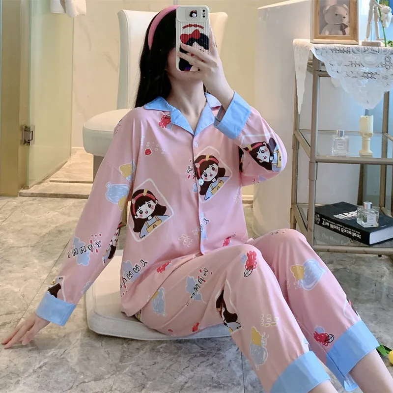Popular Streaming Pajamas Women Lapel Cotton Long Sleeved Trendy Western Cardigan Loungewear Sets Sleepwear