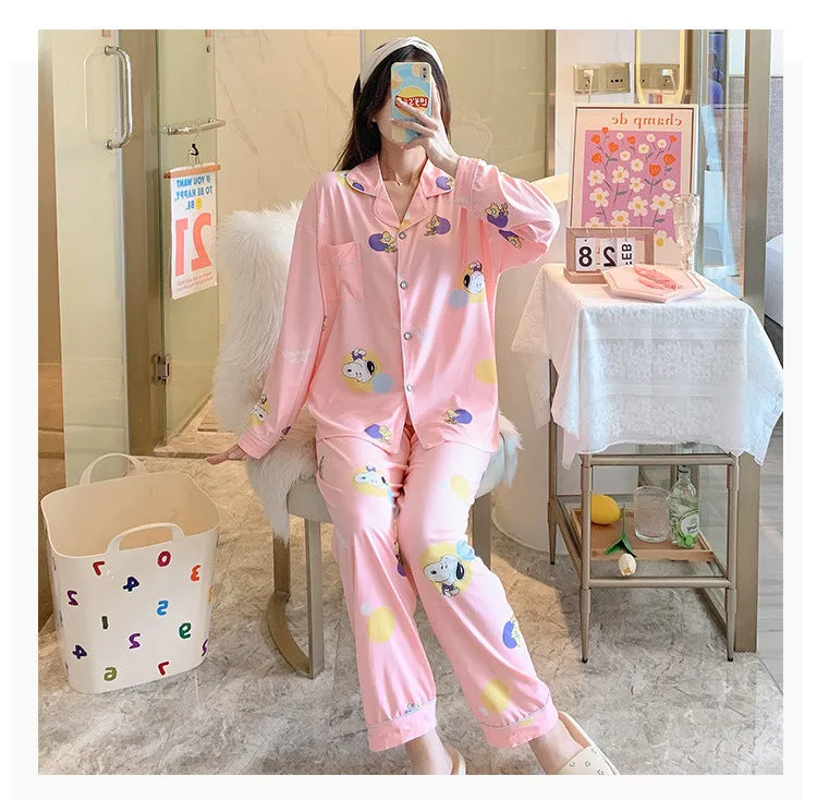Popular Streaming Pajamas Women Lapel Cotton Long Sleeved Trendy Western Cardigan Loungewear Sets Sleepwear
