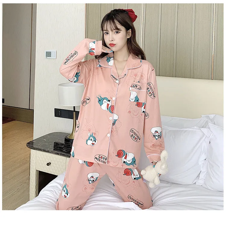 Popular Streaming Pajamas Women Lapel Cotton Long Sleeved Trendy Western Cardigan Loungewear Sets Sleepwear