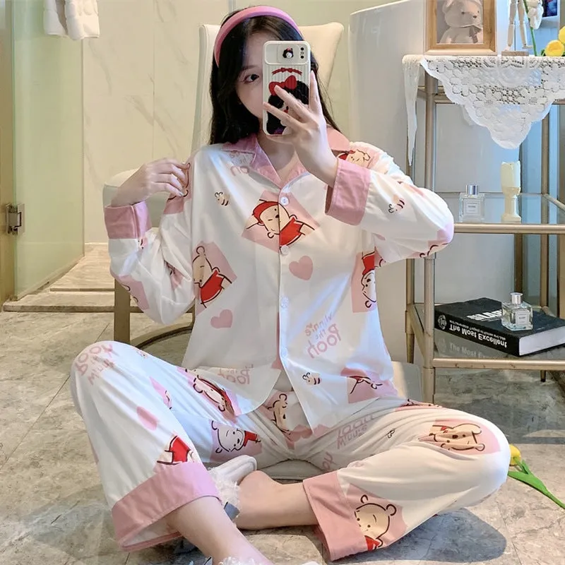Popular Streaming Pajamas Women Lapel Cotton Long Sleeved Trendy Western Cardigan Loungewear Sets Sleepwear