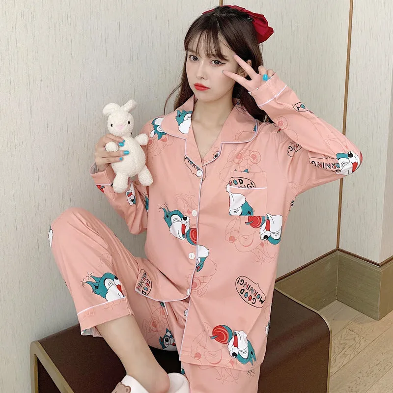 Popular Streaming Pajamas Women Lapel Cotton Long Sleeved Trendy Western Cardigan Loungewear Sets Sleepwear
