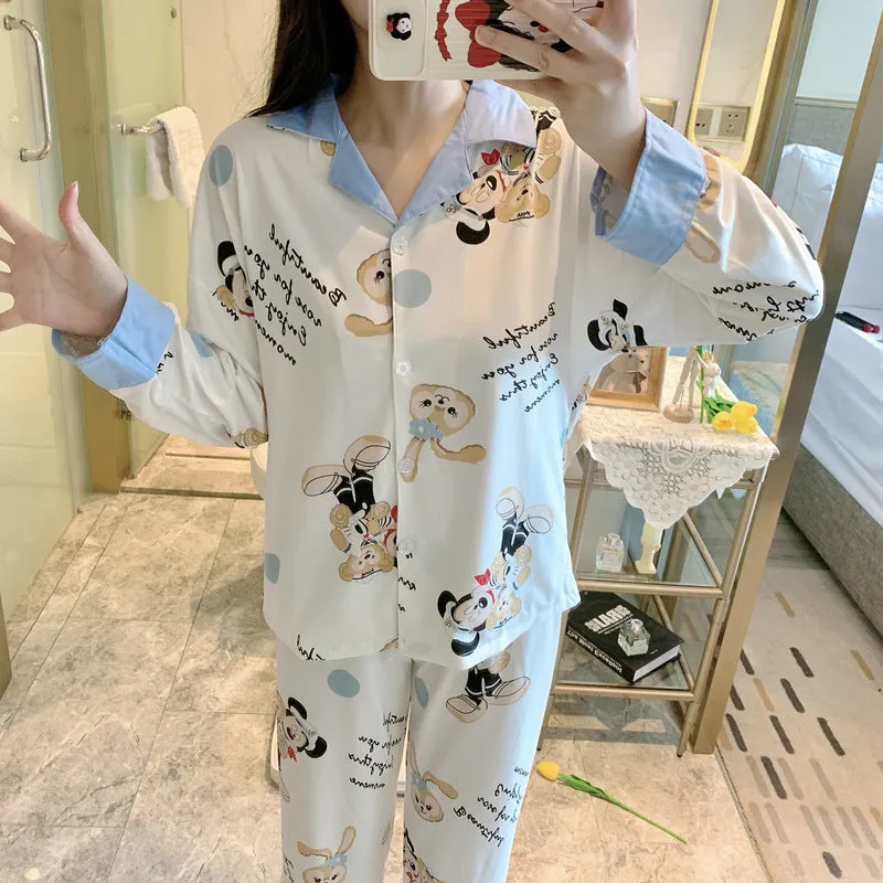 Popular Streaming Pajamas Women Lapel Cotton Long Sleeved Trendy Western Cardigan Loungewear Sets Sleepwear