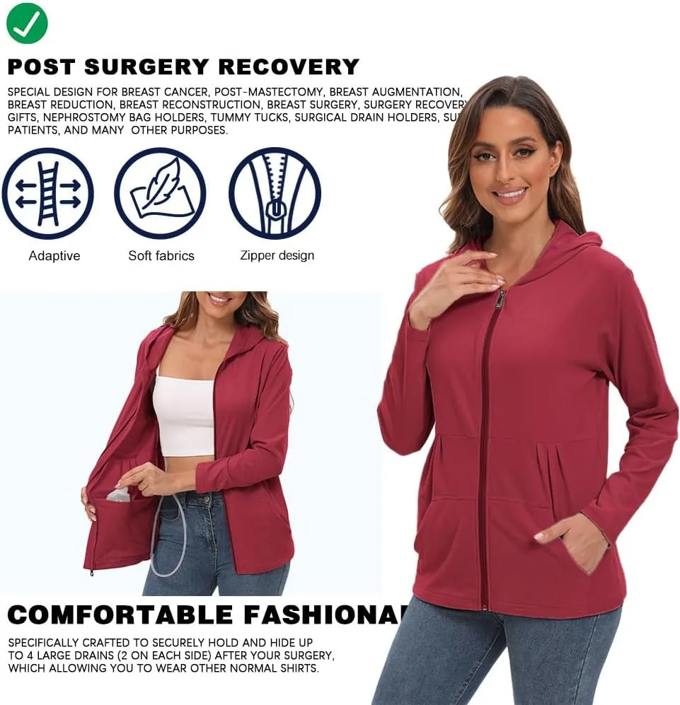 Post Mastectomy Shirts with Drain Pockets Breast Mastectomy Recovery Must Haves Soft Long Sleeve Zip Up Shirts Clothing