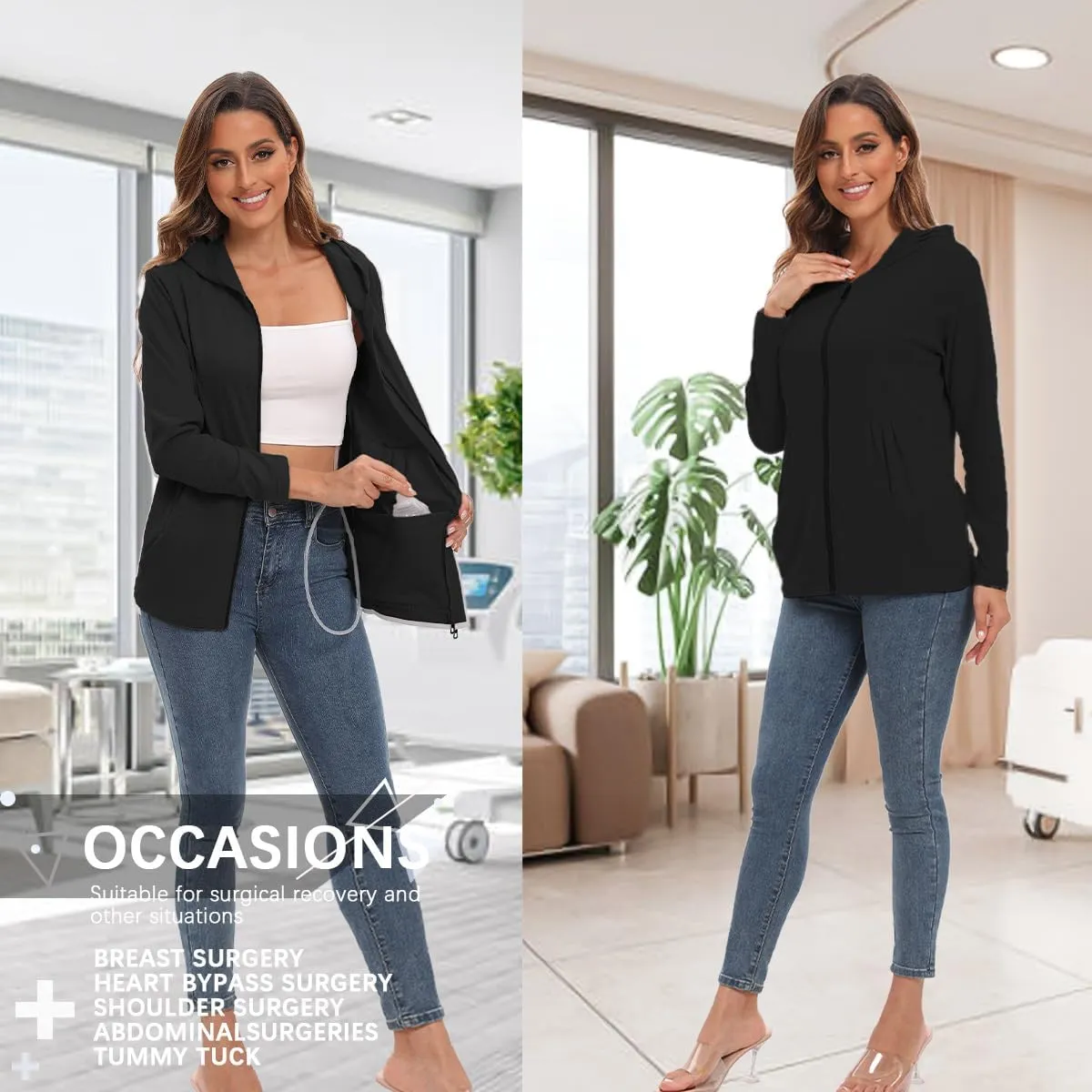 Post Mastectomy Shirts with Drain Pockets Breast Mastectomy Recovery Must Haves Soft Long Sleeve Zip Up Shirts Clothing