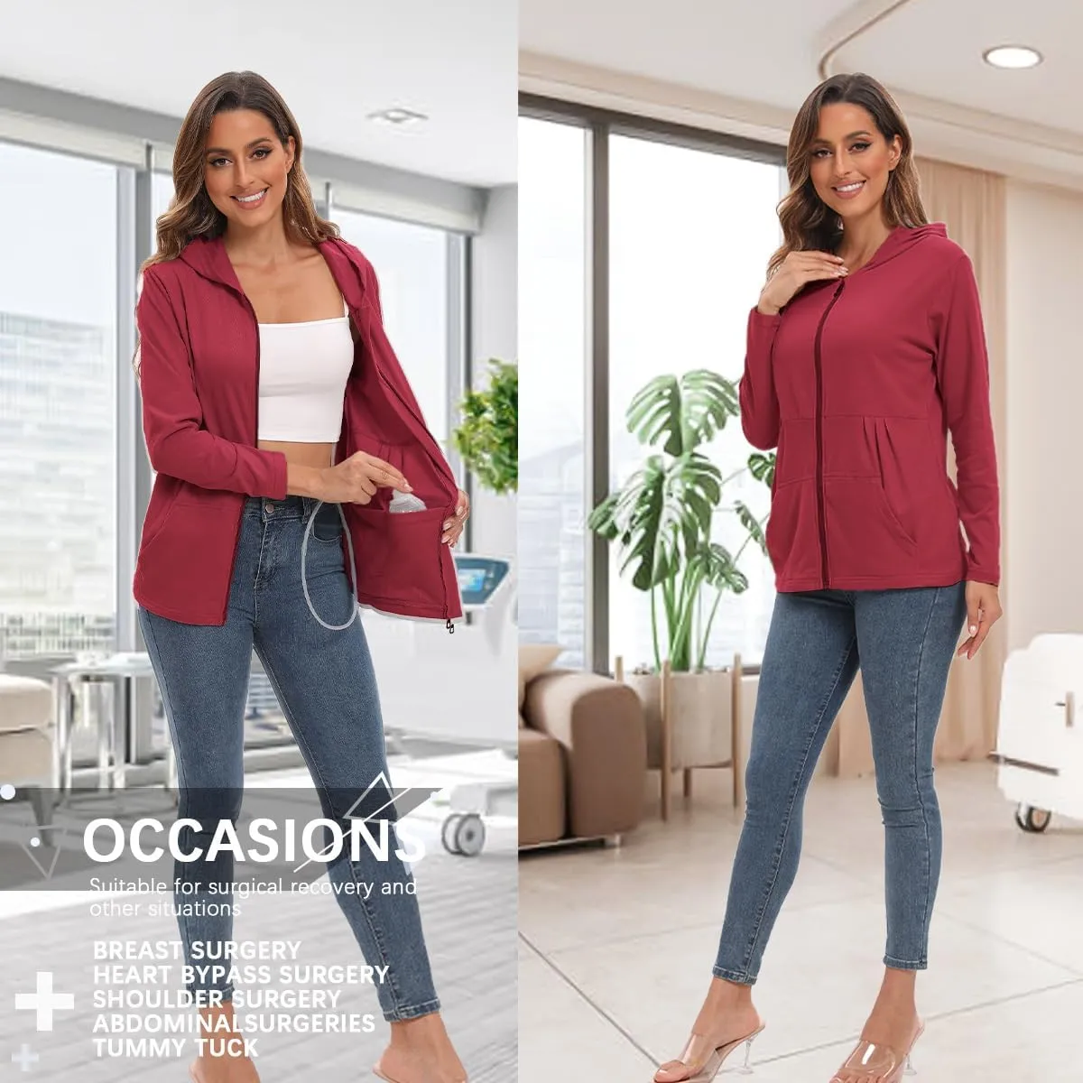 Post Mastectomy Shirts with Drain Pockets Breast Mastectomy Recovery Must Haves Soft Long Sleeve Zip Up Shirts Clothing
