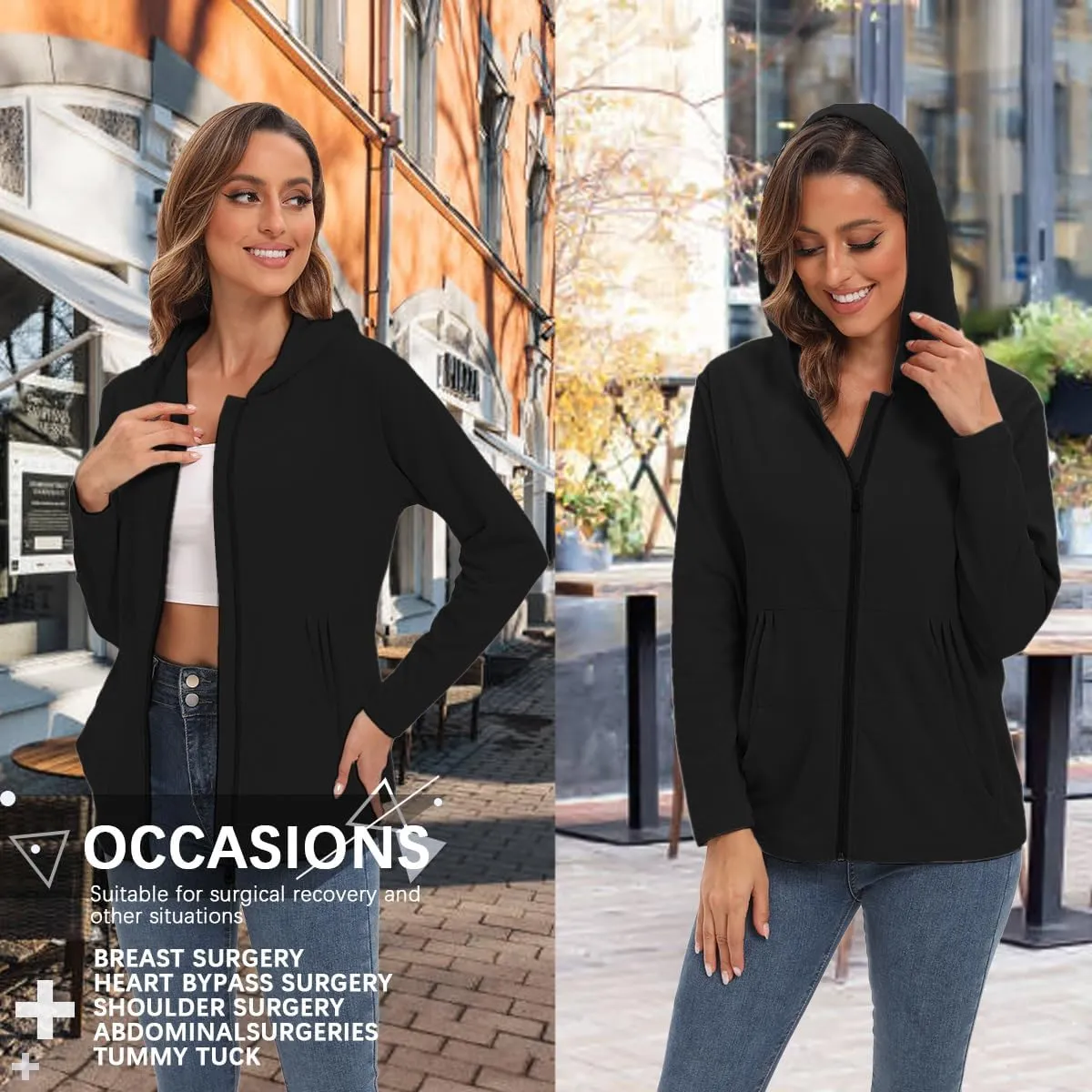 Post Mastectomy Shirts with Drain Pockets Breast Mastectomy Recovery Must Haves Soft Long Sleeve Zip Up Shirts Clothing