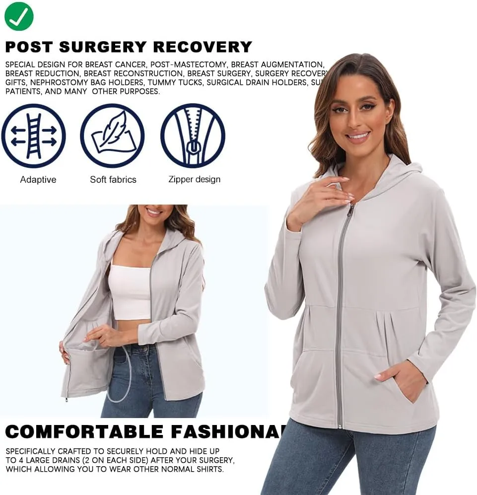 Post Mastectomy Shirts with Drain Pockets Breast Mastectomy Recovery Must Haves Soft Long Sleeve Zip Up Shirts Clothing