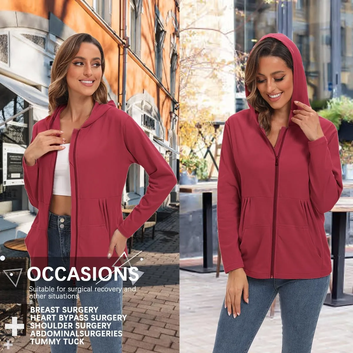 Post Mastectomy Shirts with Drain Pockets Breast Mastectomy Recovery Must Haves Soft Long Sleeve Zip Up Shirts Clothing