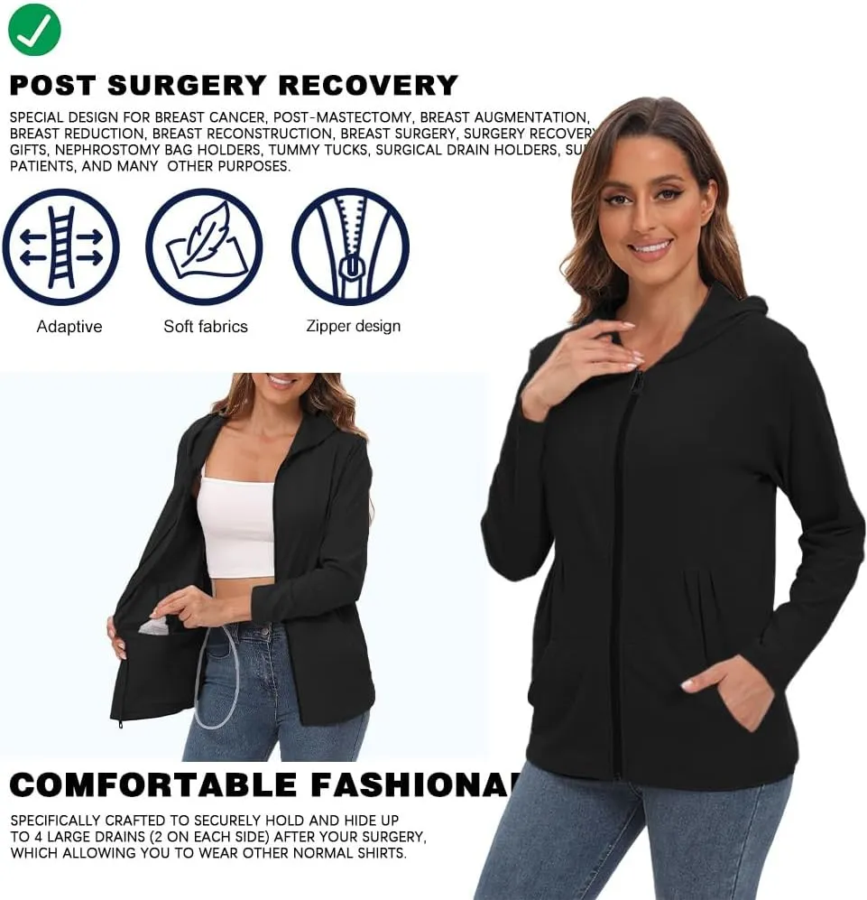 Post Mastectomy Shirts with Drain Pockets Breast Mastectomy Recovery Must Haves Soft Long Sleeve Zip Up Shirts Clothing