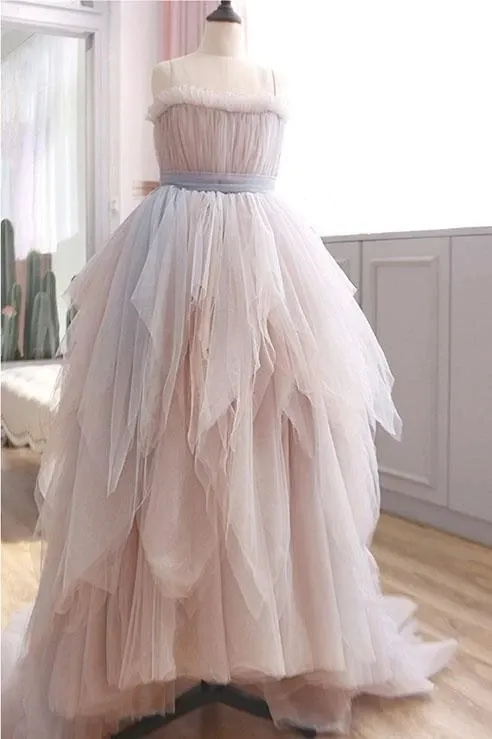 Promfast Vintage A Line Spaghetti Straps Blush Prom Dresses, Puffy Ruffles Party Dresses PFP1906