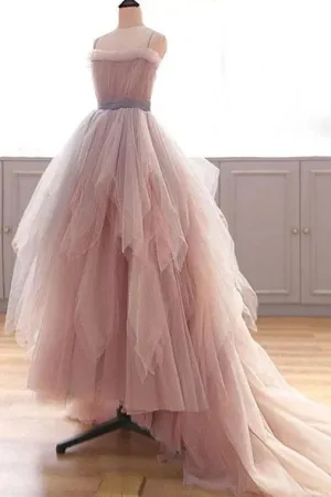 Promfast Vintage A Line Spaghetti Straps Blush Prom Dresses, Puffy Ruffles Party Dresses PFP1906