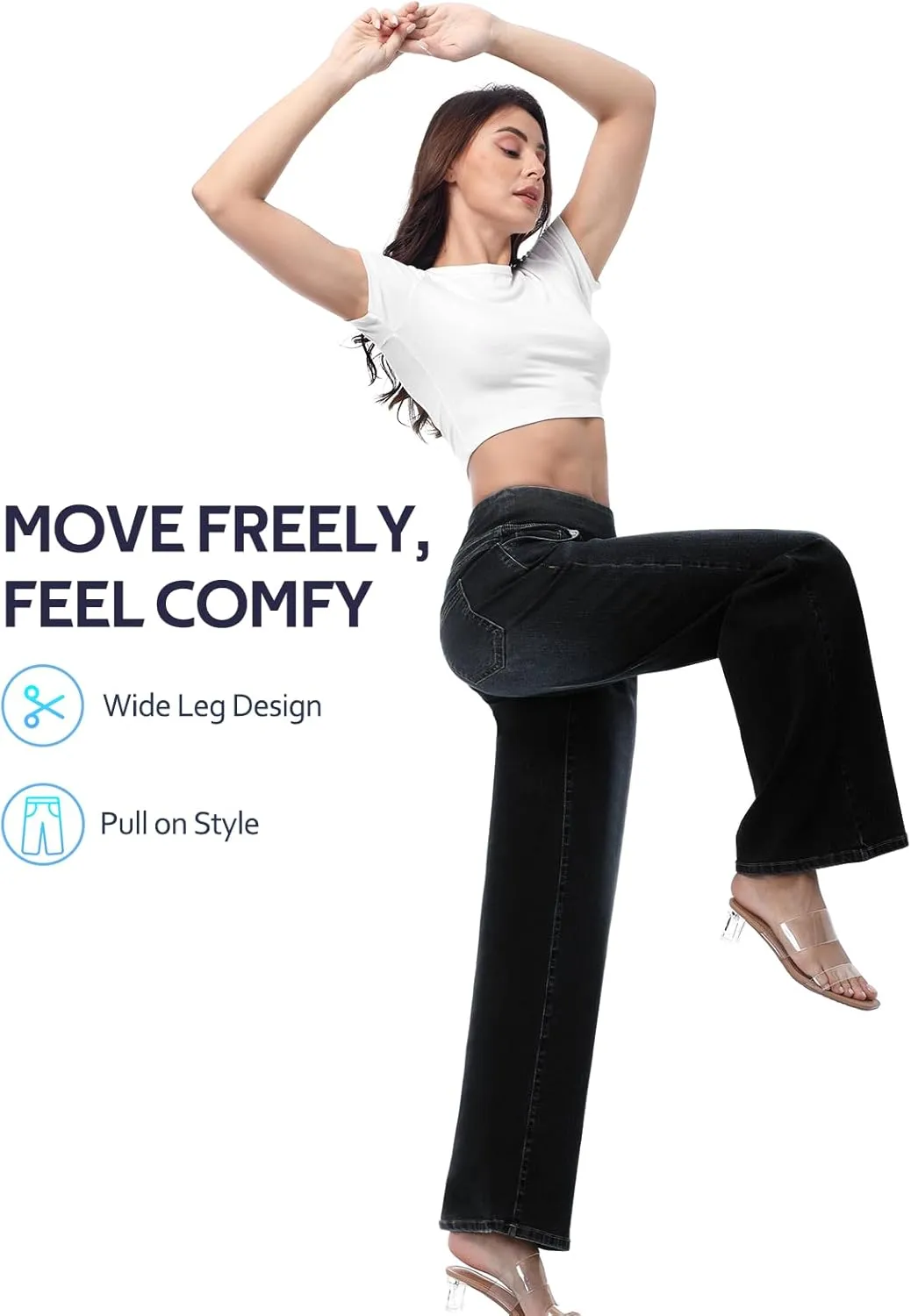 Pull on Wide Leg Jeans for Women, High Waisted Stretchy Baggy Trendy Tummy Control Straight Leg Jeans Denim Pants
