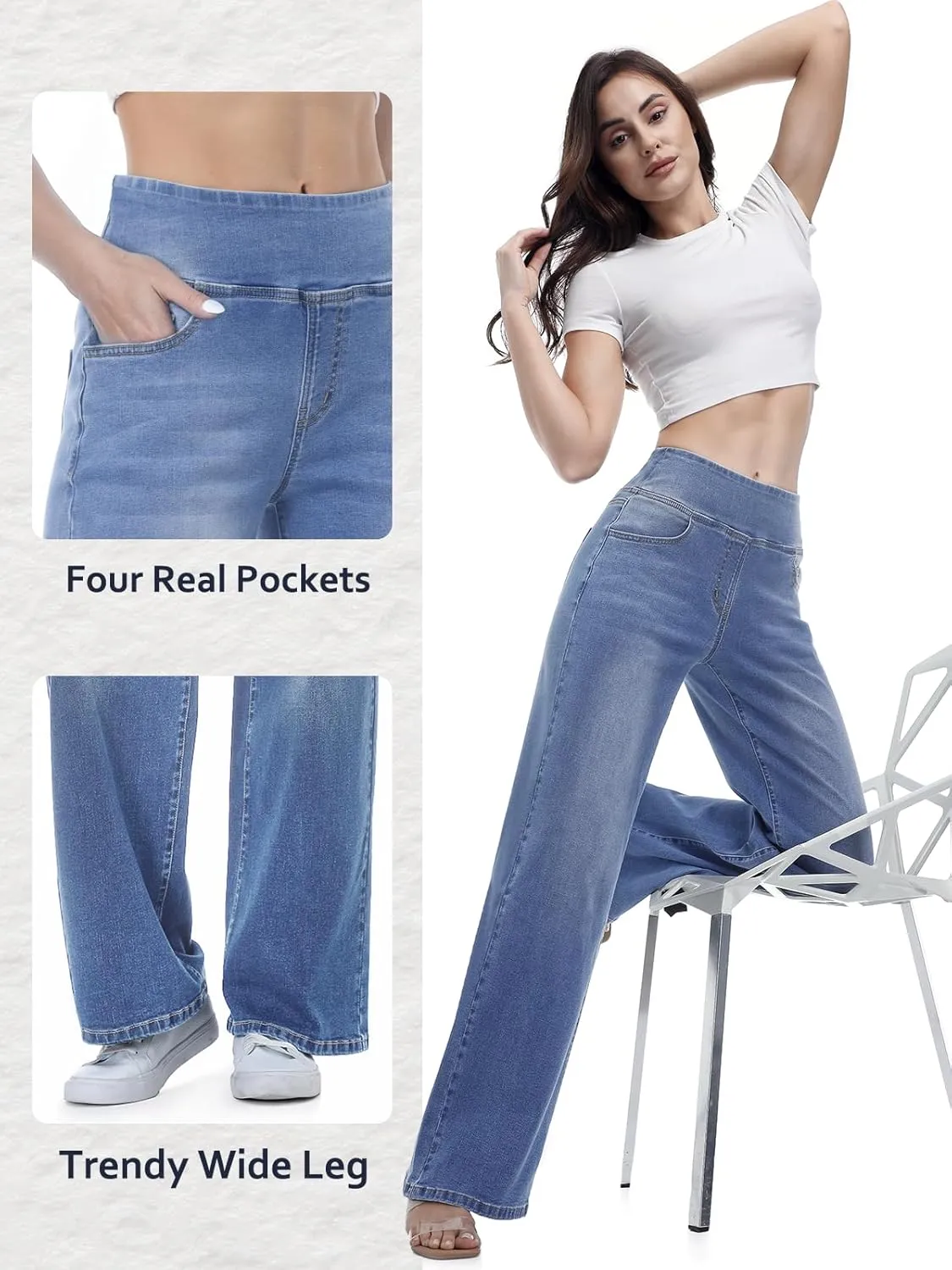 Pull on Wide Leg Jeans for Women, High Waisted Stretchy Baggy Trendy Tummy Control Straight Leg Jeans Denim Pants