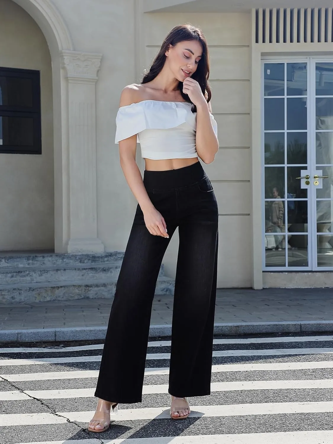 Pull on Wide Leg Jeans for Women, High Waisted Stretchy Baggy Trendy Tummy Control Straight Leg Jeans Denim Pants