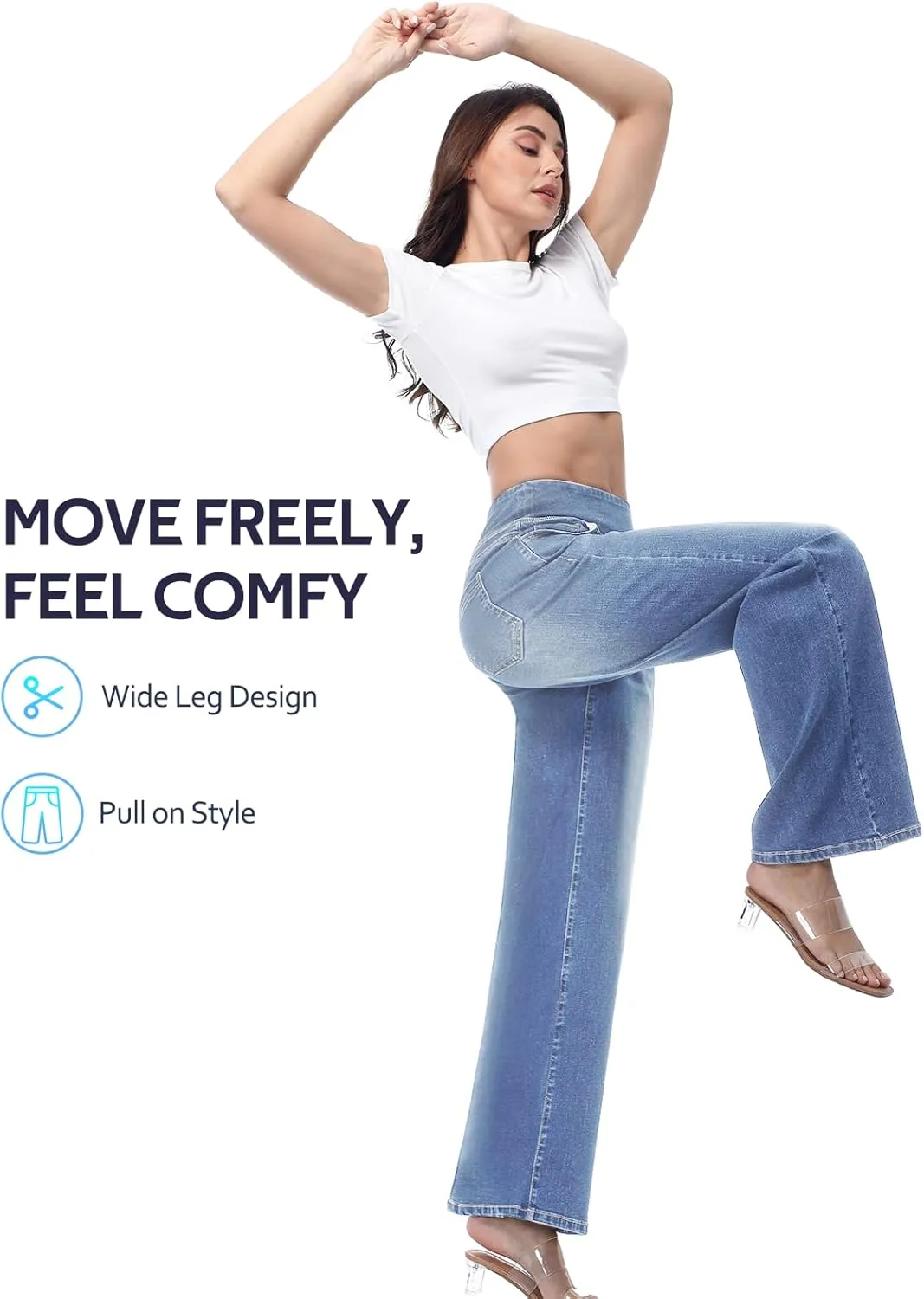 Pull on Wide Leg Jeans for Women, High Waisted Stretchy Baggy Trendy Tummy Control Straight Leg Jeans Denim Pants