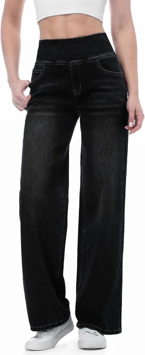 Pull on Wide Leg Jeans for Women, High Waisted Stretchy Baggy Trendy Tummy Control Straight Leg Jeans Denim Pants