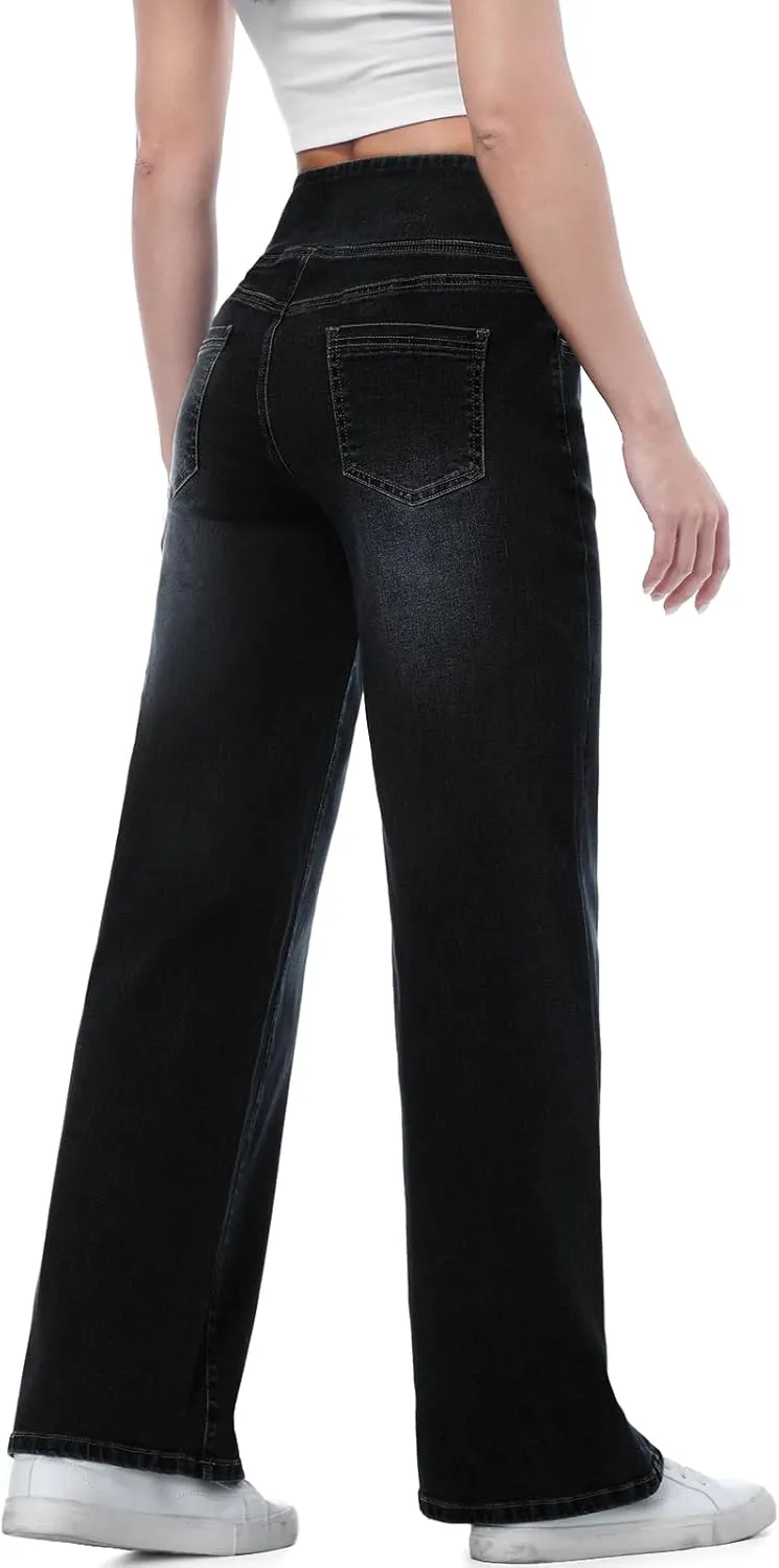 Pull on Wide Leg Jeans for Women, High Waisted Stretchy Baggy Trendy Tummy Control Straight Leg Jeans Denim Pants