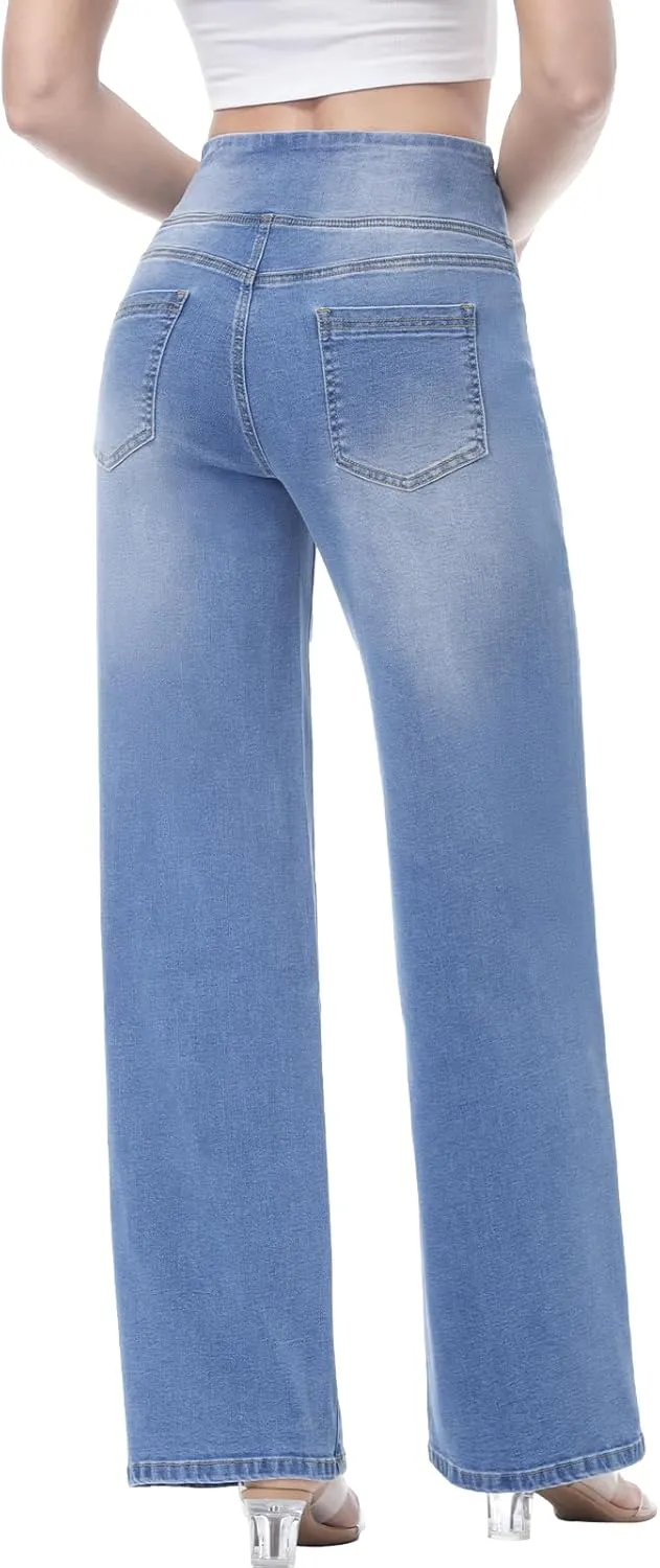 Pull on Wide Leg Jeans for Women, High Waisted Stretchy Baggy Trendy Tummy Control Straight Leg Jeans Denim Pants