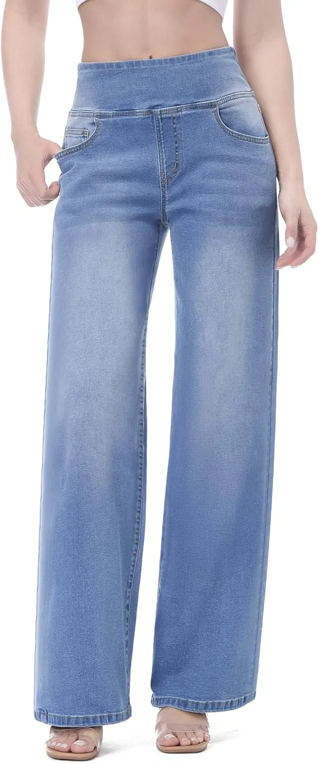 Pull on Wide Leg Jeans for Women, High Waisted Stretchy Baggy Trendy Tummy Control Straight Leg Jeans Denim Pants