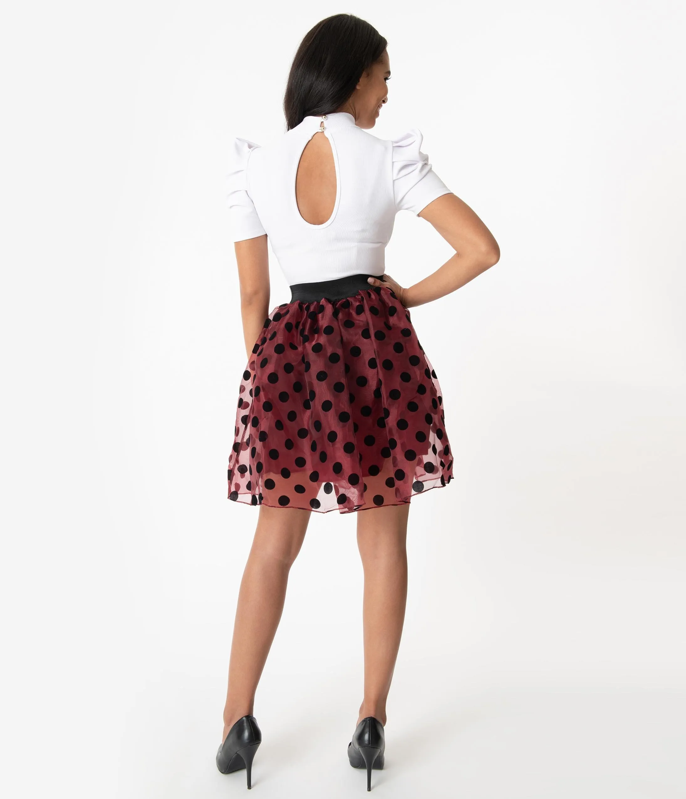 Retro Style Burgundy & Black Swiss Dot Mesh Flare Skirt
