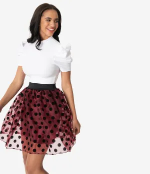 Retro Style Burgundy & Black Swiss Dot Mesh Flare Skirt
