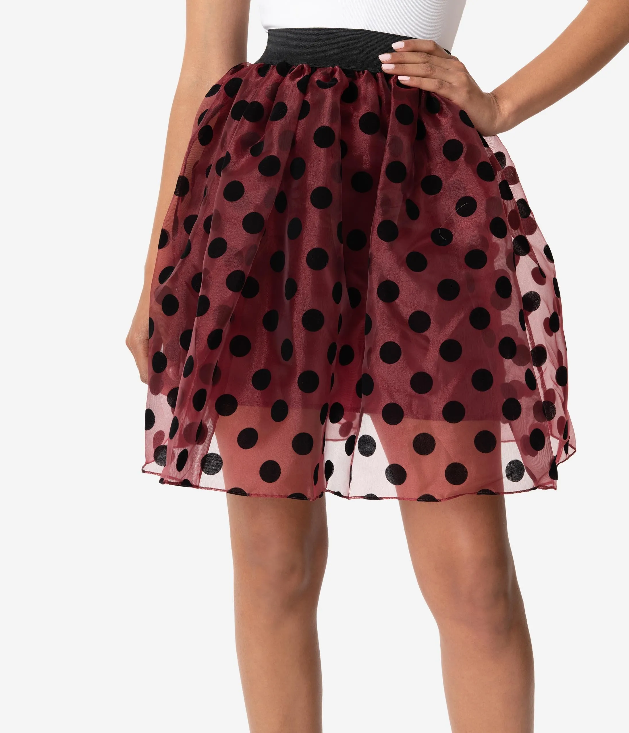 Retro Style Burgundy & Black Swiss Dot Mesh Flare Skirt