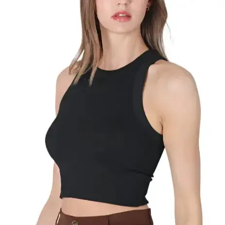 Ribbed High Neck Crop Tank - Black