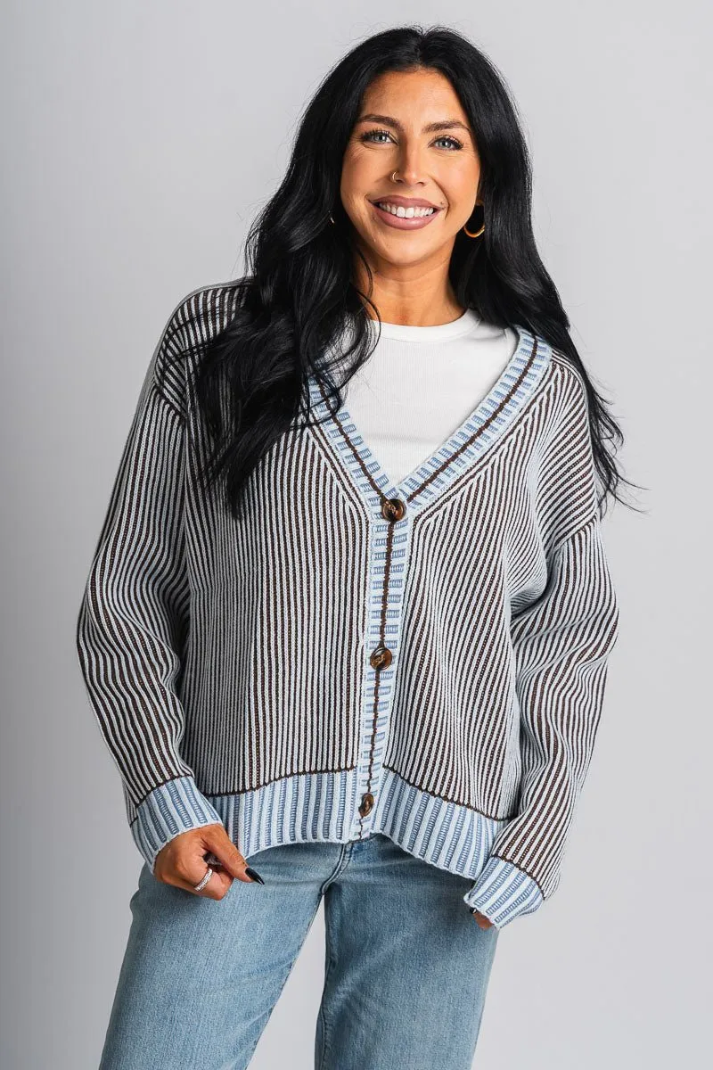 Ribbed knit sweater cardigan blue