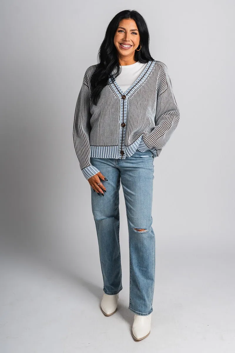 Ribbed knit sweater cardigan blue