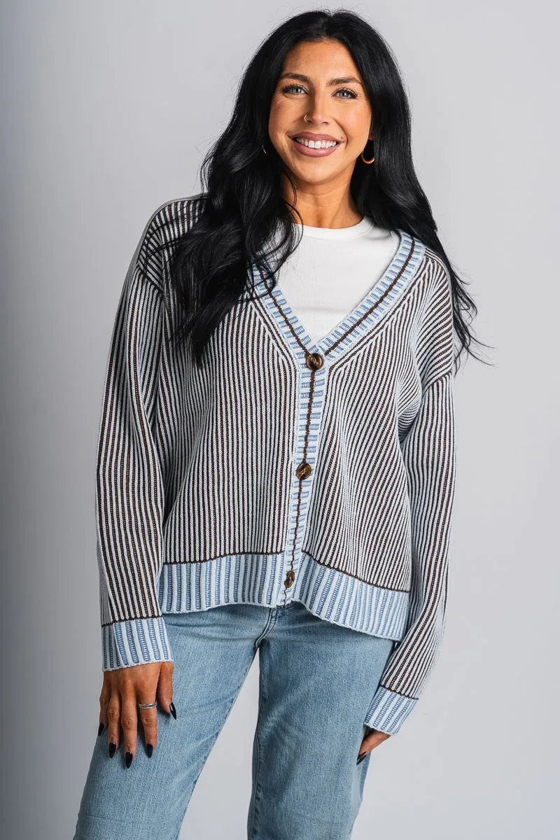 Ribbed knit sweater cardigan blue
