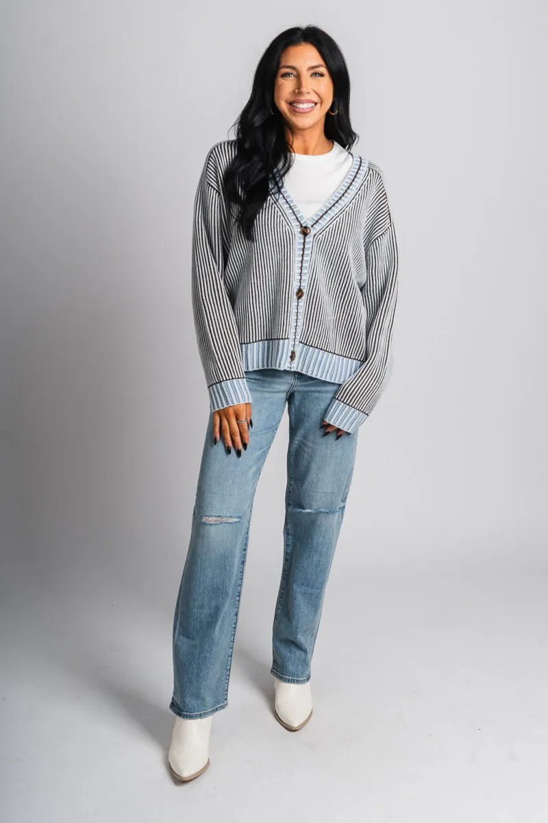 Ribbed knit sweater cardigan blue