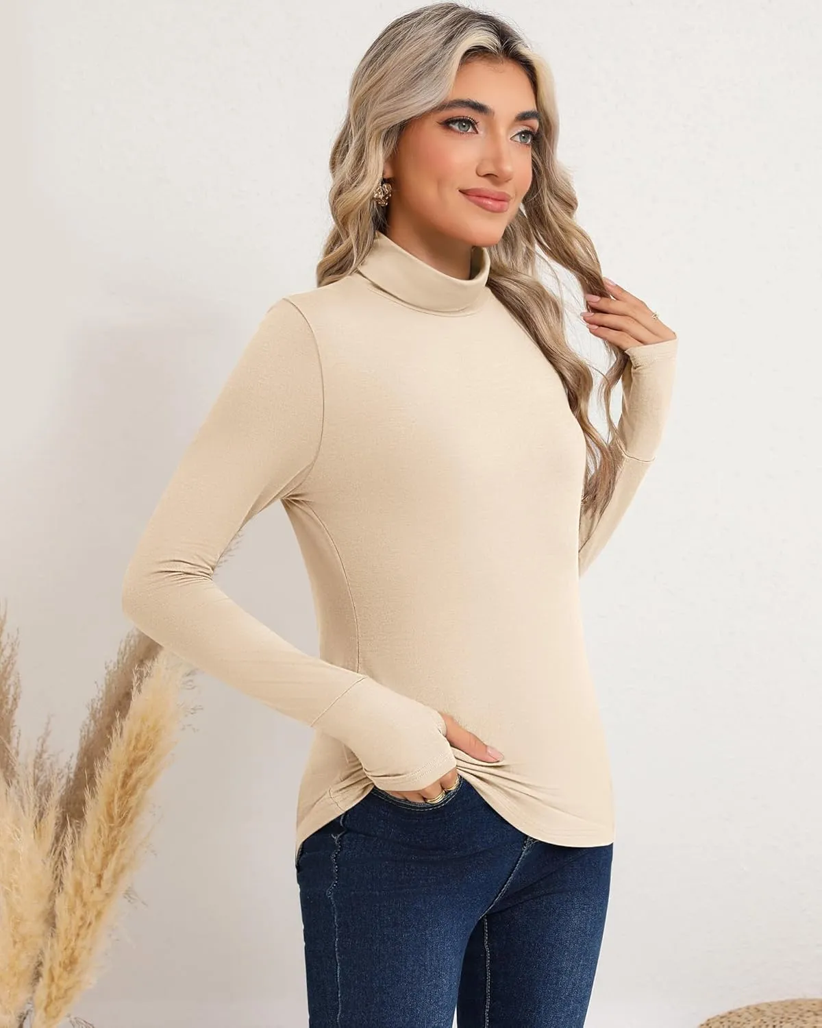 Riyiper 3 Pack Women's Turtleneck Shirts, Long Sleeve Slim Undershirts Lightweight Thumb Holes T Shirts Basic Active Tops