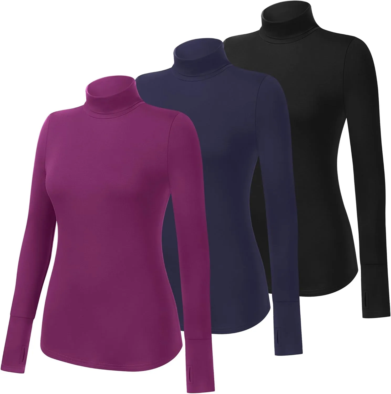 Riyiper 3 Pack Women's Turtleneck Shirts, Long Sleeve Slim Undershirts Lightweight Thumb Holes T Shirts Basic Active Tops