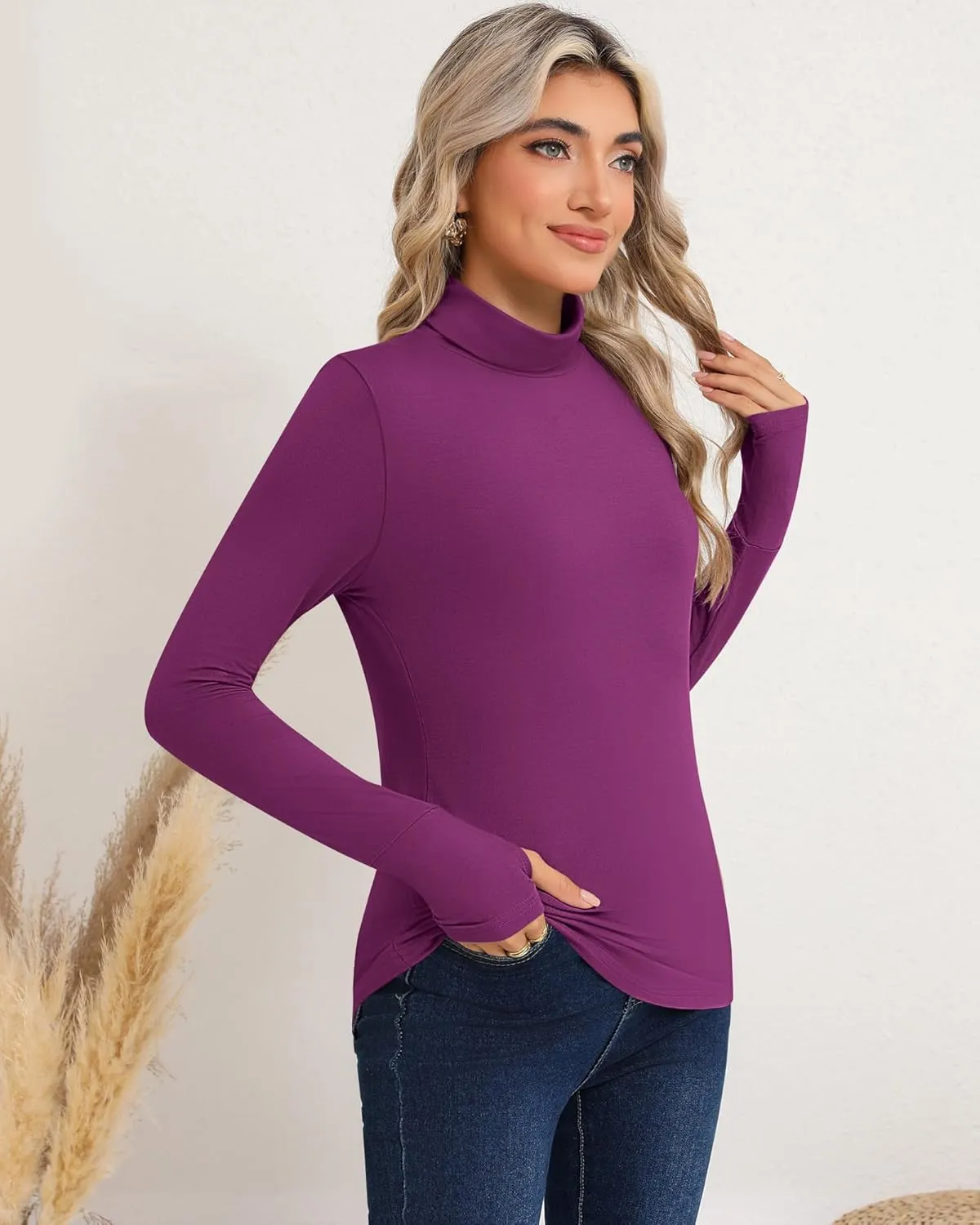 Riyiper 3 Pack Women's Turtleneck Shirts, Long Sleeve Slim Undershirts Lightweight Thumb Holes T Shirts Basic Active Tops