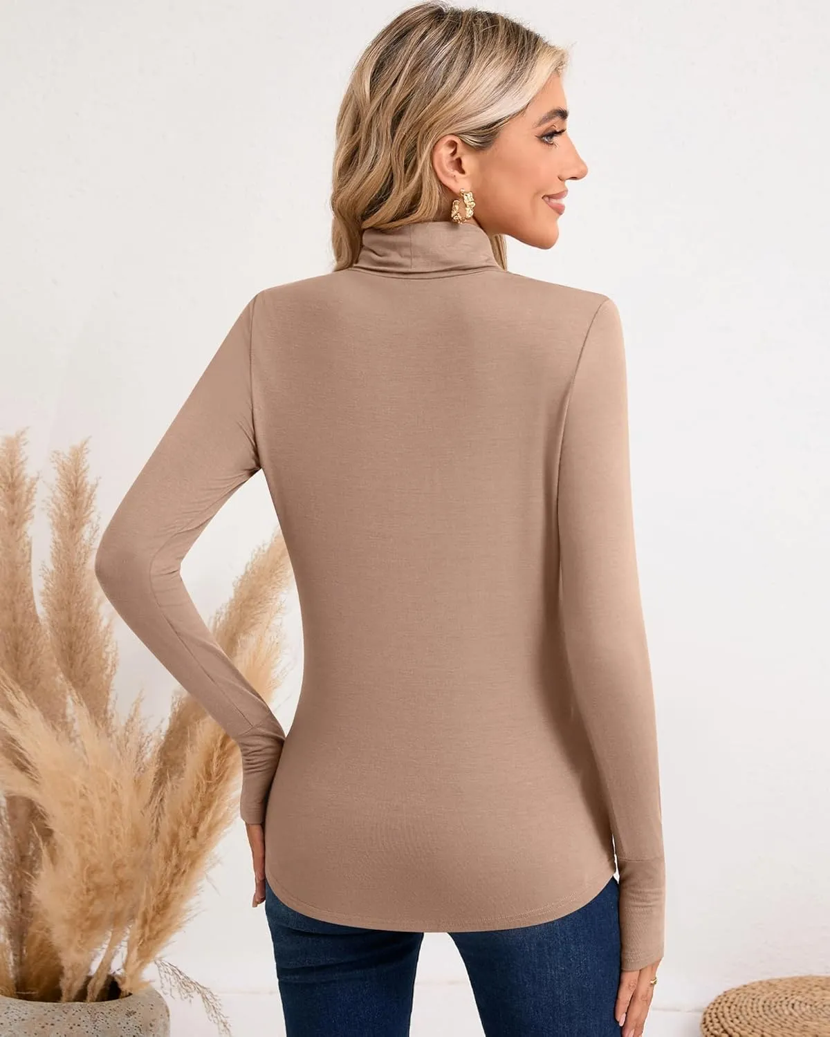 Riyiper 3 Pack Women's Turtleneck Shirts, Long Sleeve Slim Undershirts Lightweight Thumb Holes T Shirts Basic Active Tops