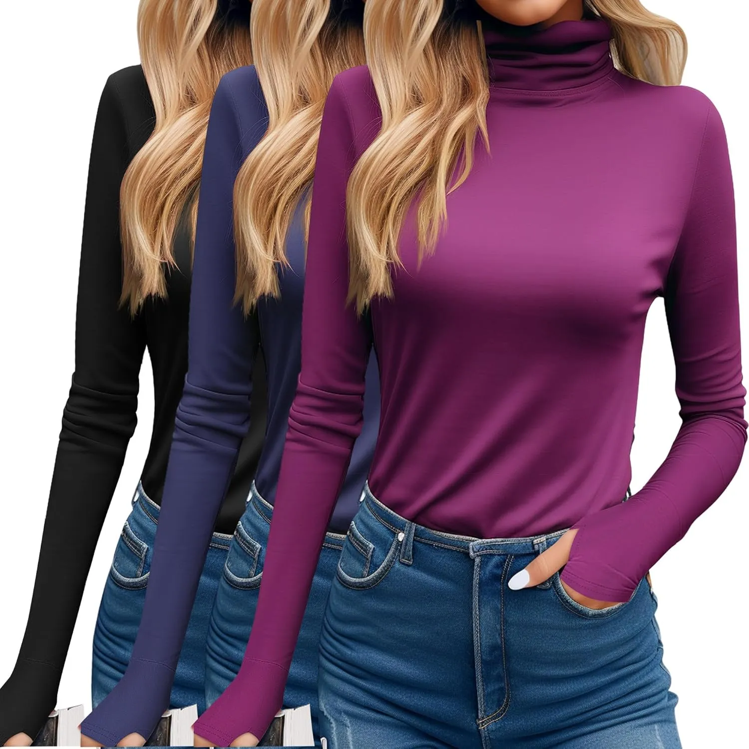 Riyiper 3 Pack Women's Turtleneck Shirts, Long Sleeve Slim Undershirts Lightweight Thumb Holes T Shirts Basic Active Tops