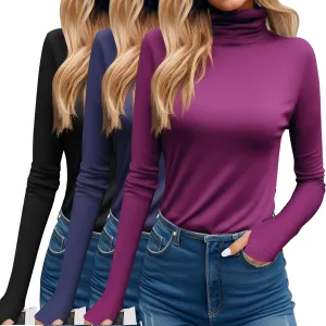Riyiper 3 Pack Women's Turtleneck Shirts, Long Sleeve Slim Undershirts Lightweight Thumb Holes T Shirts Basic Active Tops