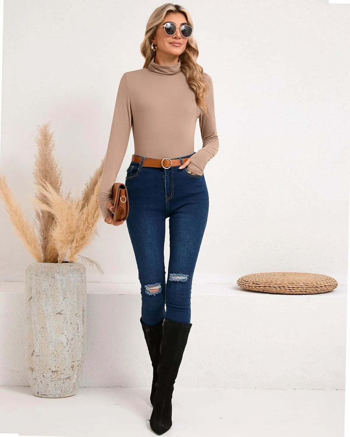 Riyiper 3 Pack Women's Turtleneck Shirts, Long Sleeve Slim Undershirts Lightweight Thumb Holes T Shirts Basic Active Tops