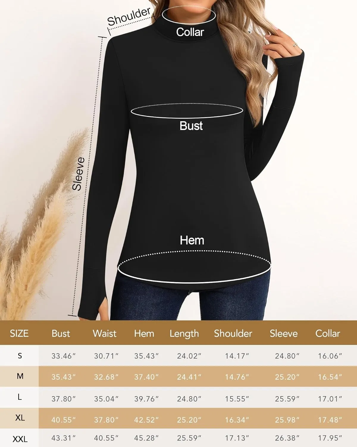 Riyiper 3 Pack Women's Turtleneck Shirts, Long Sleeve Slim Undershirts Lightweight Thumb Holes T Shirts Basic Active Tops