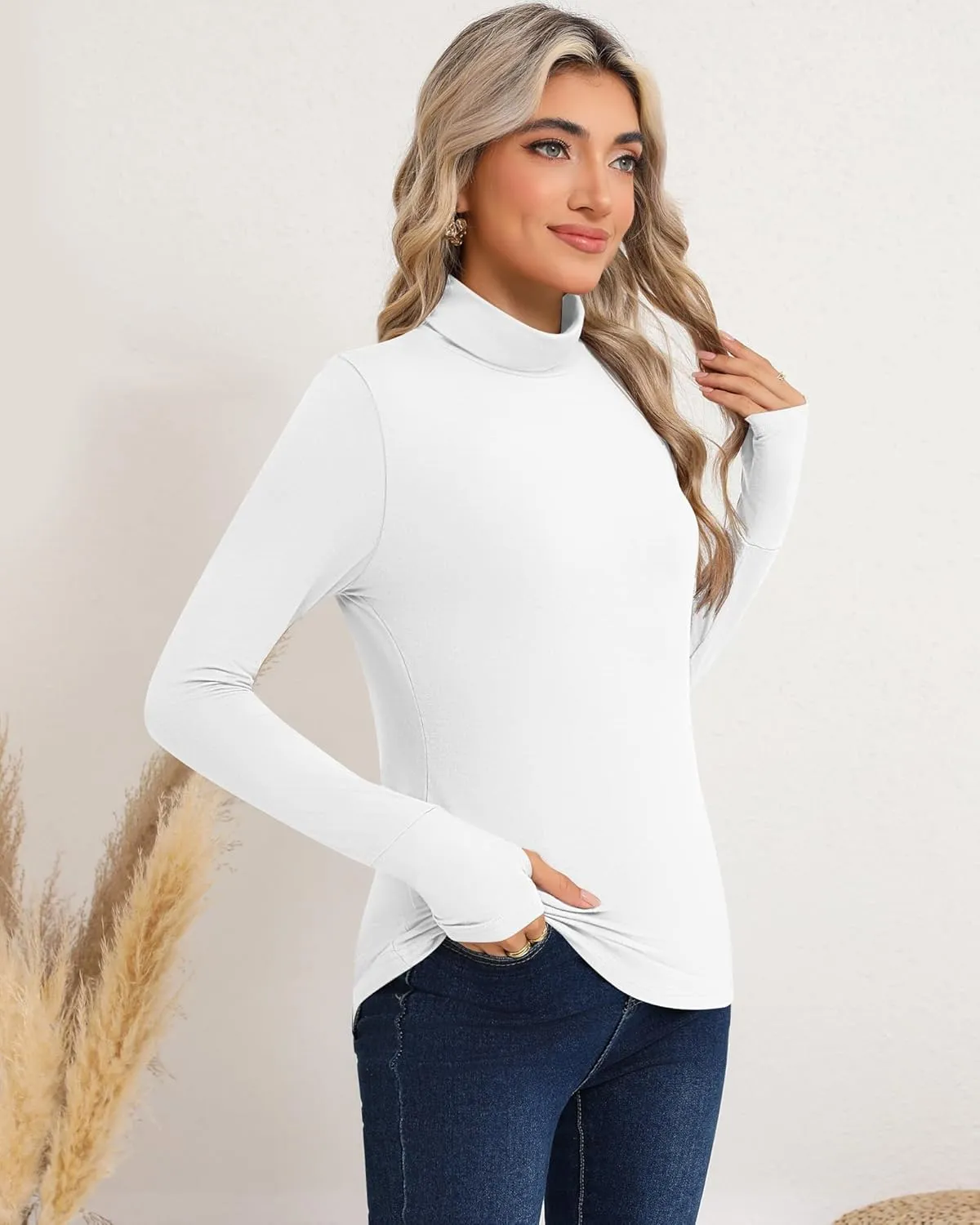 Riyiper 3 Pack Women's Turtleneck Shirts, Long Sleeve Slim Undershirts Lightweight Thumb Holes T Shirts Basic Active Tops