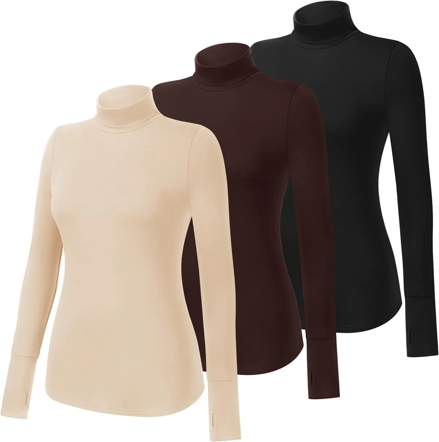 Riyiper 3 Pack Women's Turtleneck Shirts, Long Sleeve Slim Undershirts Lightweight Thumb Holes T Shirts Basic Active Tops